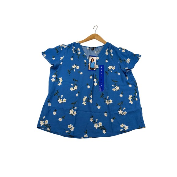Hilary Radley Tops - Hilary Radley Blue White Floral V-Neck Short Sleeve Blouse Top Large NEW